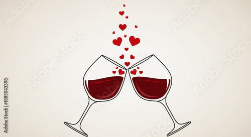 Two wine glasses clinking together with hearts floating above them symbolizing love and romance on a soft beige background