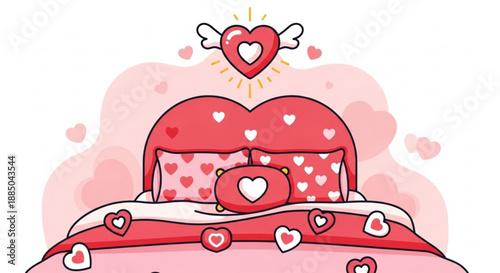 Valentine's day bedroom setup with heart decorated bed and angel heart above romantic ambiance