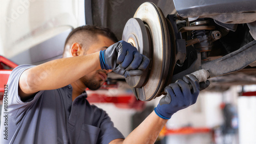 A mechanic in blue gloves is working on the brake system of a car in a well-equipped garage. Automotive repair and maintenance.