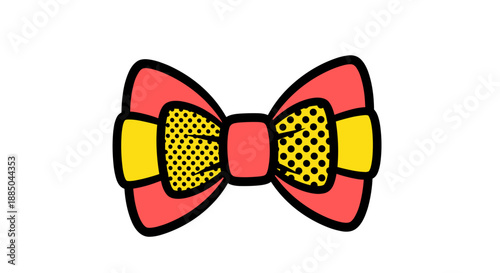Colorful applique bow with red and yellow patterns isolated on white background, featuring bold outlines and a playful pop art style