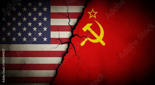 Cold war conflict represented by the cracked flags of america and the soviet union