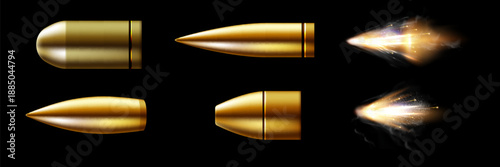 Gunshots, bullet in motion, military smoke trails. Realistic flying bullet in motion. Smoke traces isolated on transparent background. Handgun shoot trails.
