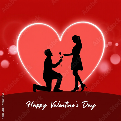 A romantic valentine's day silhouette of a man proposing with a rose to his beloved