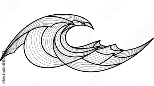 Black and white illustration of a large ocean wave.