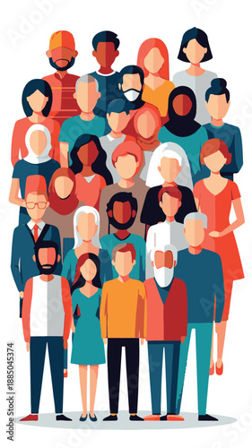  Multicultural Crowd of People. Group of different men and women. Young, adult and older peole. European, Asian, African and Arabian People. Empty faces. Vector illustration. 
