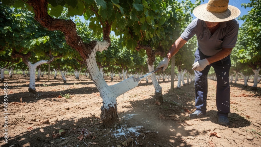 Fototapeta premium Vineyard Worker Protecting Grapevines by Painting the Trunks White to Reflect Sunlight and Prevent Sunburn