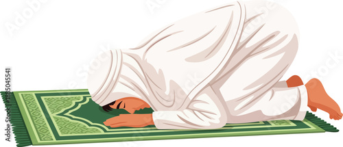Illustration of a Muslim man in white robes prostrating during Salah on a green prayer mat.