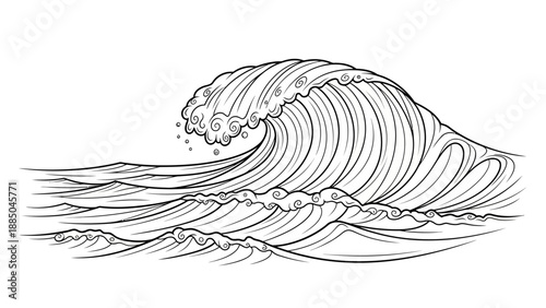 Detailed black and white illustration of a large ocean wave.