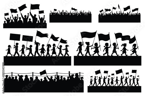 Silhouettes of people protesting with flags and signs