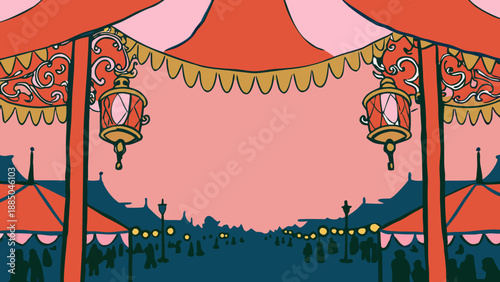 Vibrant carnival entrance with decorative lanterns and canopies Vector