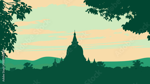 Serene sunset over a lush forest with a majestic temple silhouette Vector