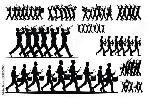 Silhouettes of musicians marching with various instruments