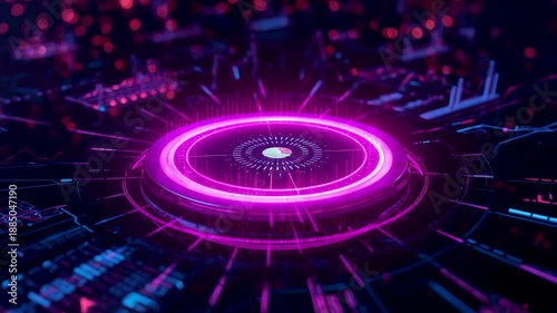 Neon glowing circular digital interface with radial lines on dark futuristic technology background