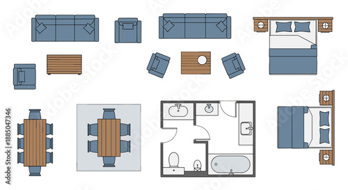 Top view of a modern home interior design with furniture layout.