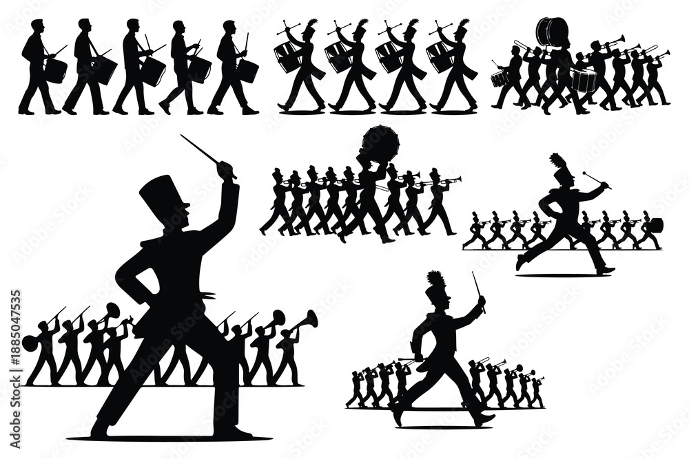 Obraz premium Black silhouette band members marching with instruments