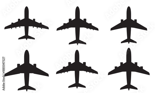 Set of six black silhouettes of passenger jet airplanes from a top-down perspective.