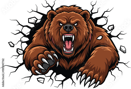 Aggressive brown grizzly bear mascot bursting through a cracked wall with sharp claws and bared teeth flat vector illustration