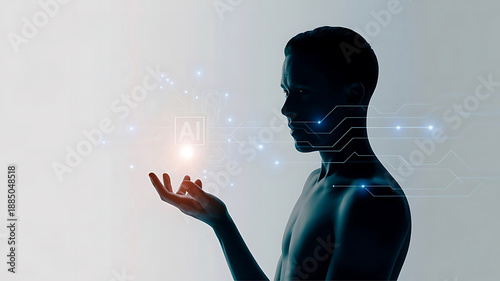 Human Silhouette Interacting with Abstract Artificial Intelligence Interface