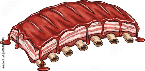 Detailed vector illustration of a rack of grilled barbecue ribs with dripping red sauce for restaurant menus and BBQ concepts