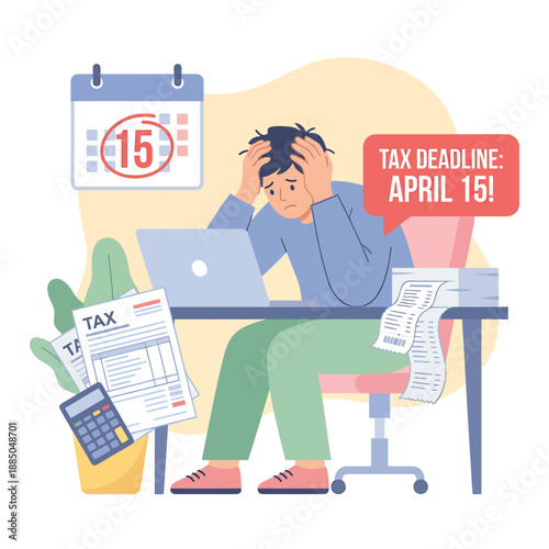 Stressed Man Doing Tax Returns Vector Illustration Deadline Approaching