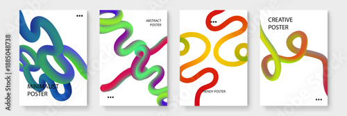 Set of abstract posters featuring multi color intertwined 3D paths and white space