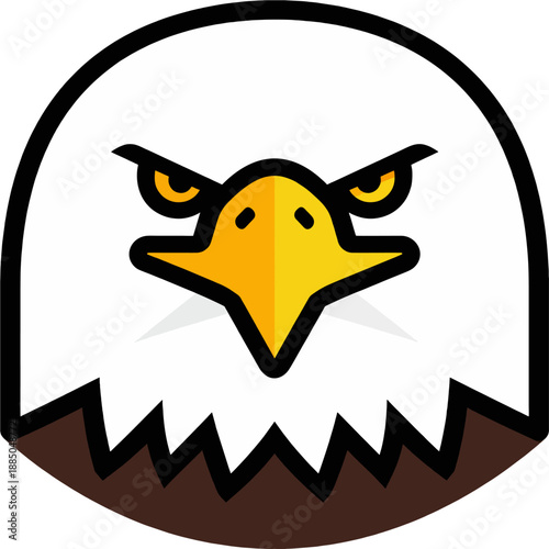 Circular frame bald eagle head profile fierce yellow eyes sharp beak white feathers brown collar flat vector logo