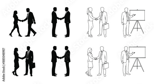 Silhouettes of people shaking hands with some holding briefcases or presenting