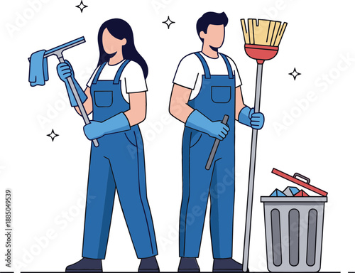 Flat vector illustration of professional male and female cleaners in blue overalls with a squeegee broom and trash can for janitorial services