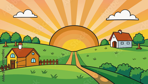 Serene rural sunrise over a picturesque countryside Vector