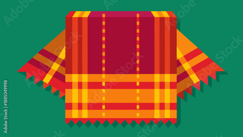 Vibrant plaid fabric with fringe details on green background Vector
