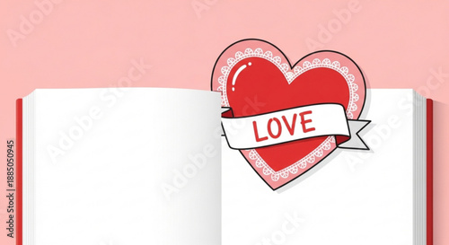 Heart with love banner on pink background in open book