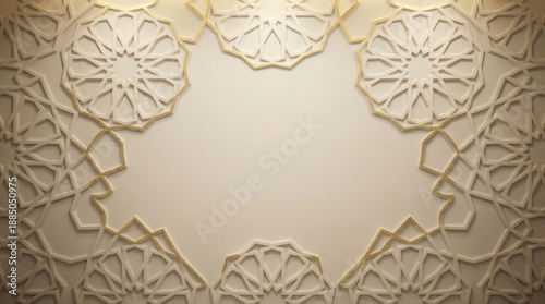 Islamic geometric wall texture in soft ivory and gold tones, subtle depth and shadows