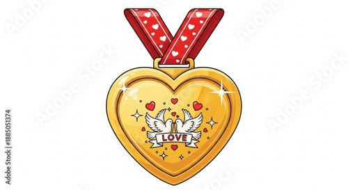 Golden heart shaped medal with red ribbon and love symbol romantic token for valentine's day or anniversary
