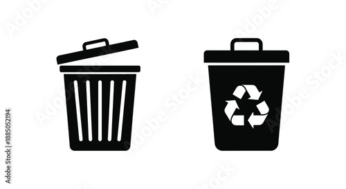 A side by side depiction of a trash can with an open lid and a recycling bin