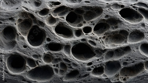 igneous. Close-up of dark volcanic rock texture, showcasing porous details under studio lights. STEM education sheets, lab safety posters, designed for biotech research communications.