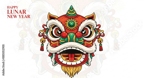 Vibrant chinese lion dance head with festive decorations and 'happy lunar new year' text on white background