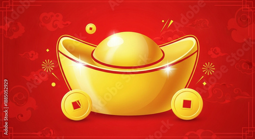 Golden ingot with coins on red background symbolizing wealth and prosperity during chinese new year celebrations