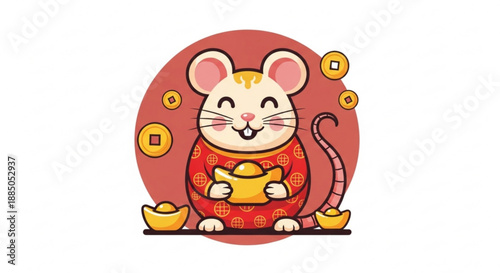 Cartoon rat character in red traditional clothing holding gold ingot surrounded by gold coins on red background