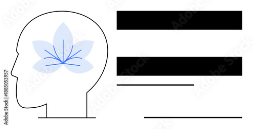 Human head outline featuring a lotus flower as a symbol of consciousness and calmness. Complemented by minimalist horizontal text blocks. Ideal for mindfulness, psychology, meditation, mental health