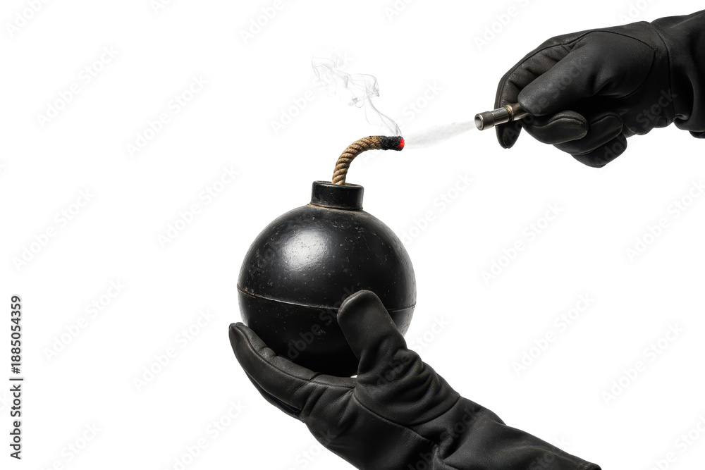 Fototapeta premium Hand lighting fuse on old black bomb, danger, explosion risk, imminent threat