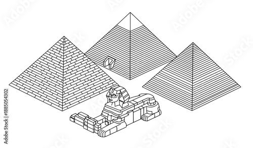 Isometric Pyramids of Giza Architectural Line Art Vector Illustration