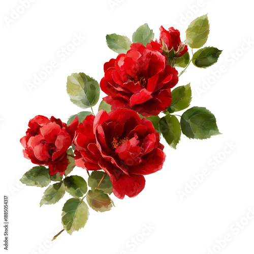 Beautiful cluster of vibrant red roses with green leaves isolated on transparent background