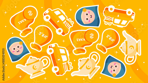 Seamless background with zakat money bags and cars for charity during holy month