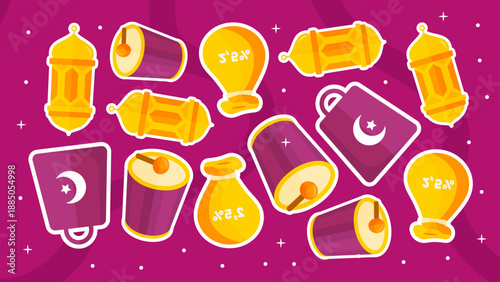 Vibrant purple backdrop with traditional drums and lanterns for religious celebration