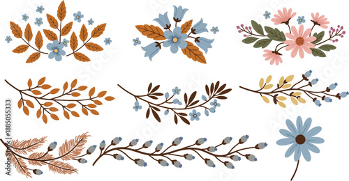Collection of watercolor floral and leaf illustrations in various muted earthy tones