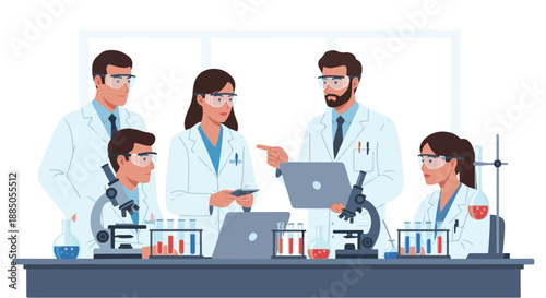 Diverse team of scientists collaborating in a modern laboratory, surrounded by scientific equipment and research materials