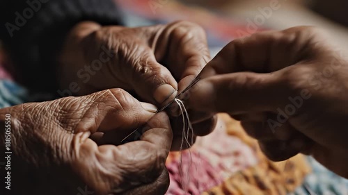 Wallpaper Mural Elderly Hands Sewing Thread in Heartwarming Close-Up. Torontodigital.ca
