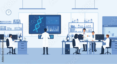 Professional scientists in lab coats conducting advanced genetic research and biotechnology experiments in a modern, well-equipped laboratory environment