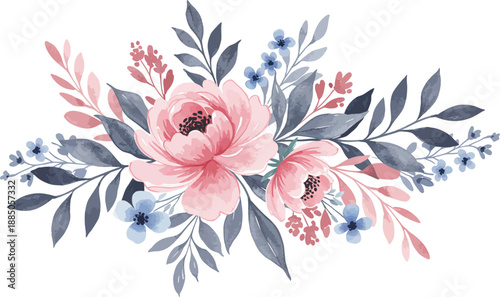 Watercolor floral arrangement with pink roses and blue flowers on white background