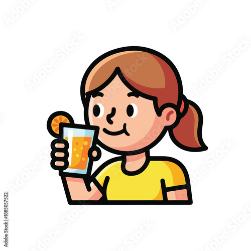 A cartoon girl with a glass of juice